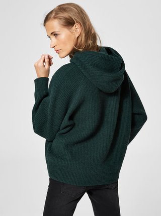 Tmavozelený voľný vlnený sveter s kapucňou Selected Femme Kenna