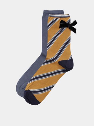 Balenie dvoch párov dámskych ponožiek v horčicovej a sivej farbe s pruhovaným vzorom a mašľami Tommy Hilfiger