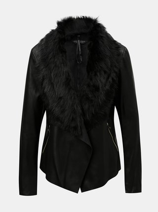 Čierna koženková bunda s odnímateľnou umelou kožušinkou Dorothy Perkins