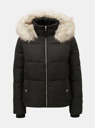 Čierna prešívaná zimná bunda s odnímateľnou umelou kožušinkou na kapucni Miss Selfridge Puffer