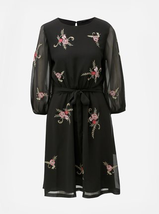 Čierne šaty s dlhým rukávom a výšivkami kvetov M&Co Floral