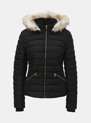 Čierna prešívaná zimná bunda s umelou kožušinkou TALLY WEiJL