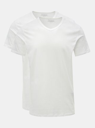 Balenie dvoch bielych basic tričiek s véčkovým výstrihom Jack & Jones