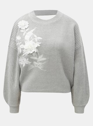 Svetlosivý krátky sveter s kvetinovou aplikáciou a prestrihom na chrbte Miss Selfridge
