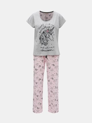 Sivo–ružové dvojdielne pyžamo s motívom jednorožca a zamatovými detailmi Dorothy Perkins
