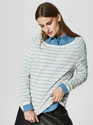Béžový ľanový sveter so svetlomodrými pruhmi Selected Femme Nive