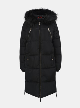 Čierny prešívaný kabát s odnímateľnou kožušinkou na kapucni TALLY WEiJL