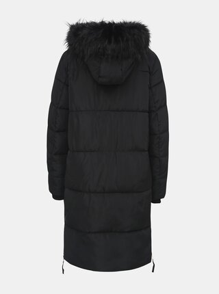 Čierny prešívaný kabát s odnímateľnou kožušinkou na kapucni TALLY WEiJL
