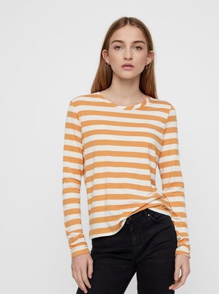 Krémovo–oranžové pruhované basic tričko s dlhým rukávom VERO MODA Sonia