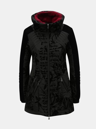 Čierny vzorovaný zimný kabát s odnímateľnou umelou kožušinkou Desigual Morgan