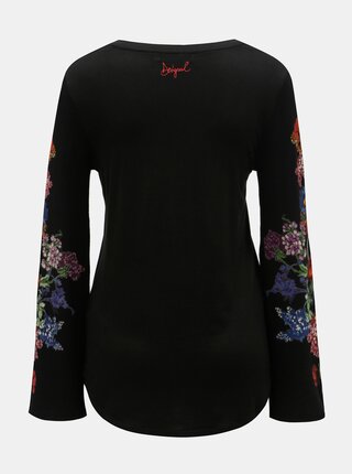 Čierne tričko s kvetovanými svetrovými rukávmi Desigual Claudina