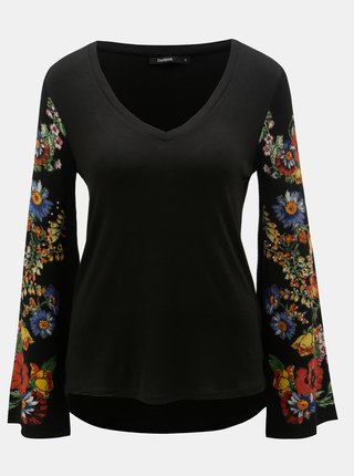 Čierne tričko s kvetovanými svetrovými rukávmi Desigual Claudina