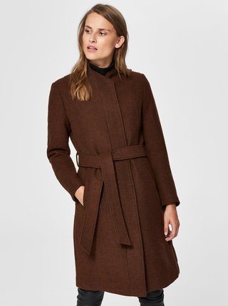 Hnedý vlnený kabát so zaväzovaním Selected Femme Dea