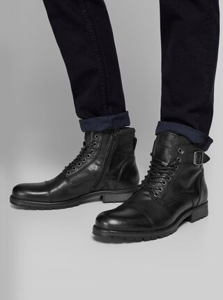 Černé pánské kožené kotníkové boty s přezkou Jack & Jones Bany