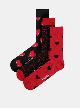 Balenie troch párov červeno–čiernych ponožiek Happy Socks I love you