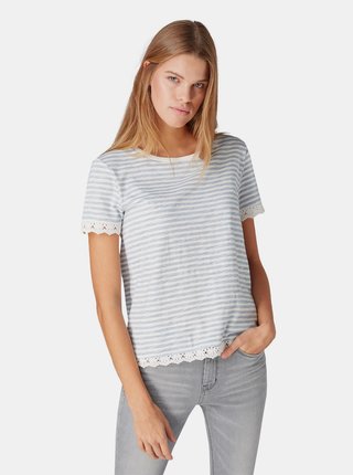 Modro–biele dámske pruhované tričko s čipkou Tom Tailor Denim