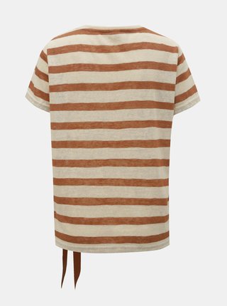 Hnedo–béžové pruhované tričko s mašľou ONLY Rill