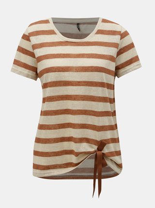 Hnedo–béžové pruhované tričko s mašľou ONLY Rill
