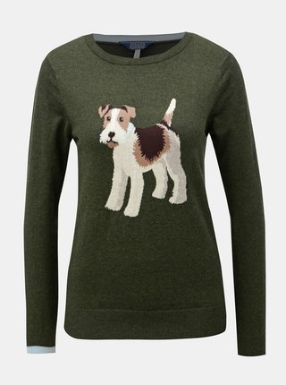 Tmavozelený dámsky sveter s motívom psa Tom Joule Miranda