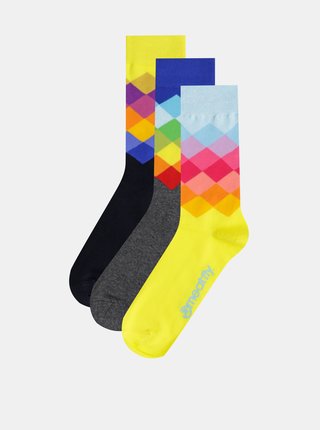 Sada tří párů vzorovaných ponožek ve žluté, modré a černé barvě Meatfly