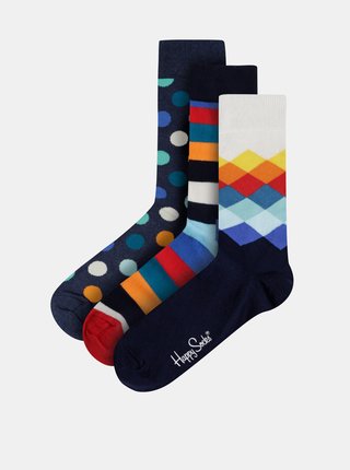Sada troch párov tmavomodrých vzorovaných ponožiek Happy Socks Mix