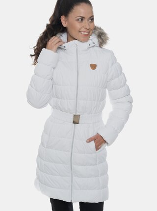 Biely dámsky prešívaný vodeodolný zimný kabát s umelým kožúškom SAM 73