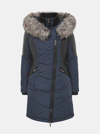 Tmavomodrý zimný prešívaný kabát s všitým límcom ONLY Linette