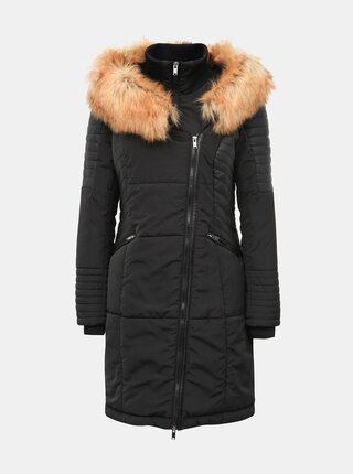 Čierny prešívaný zimný kabát s koženkovými detailmi a všitým límcom ONLY