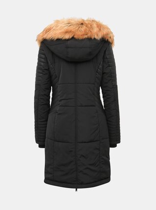 Čierny prešívaný zimný kabát s koženkovými detailmi a všitým límcom ONLY