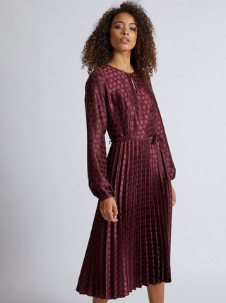 Vínové bodkované midi šaty s plisovanou sukňou Dorothy Perkins Tall