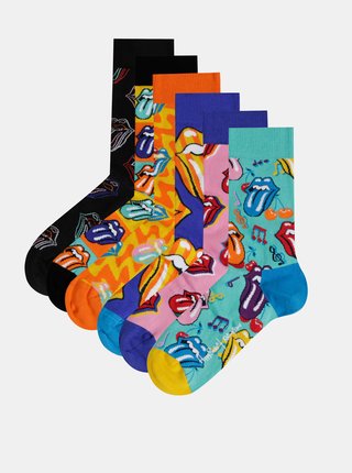 Sada šiestich párov vzorovaných ponožiek v čiernej, modrej, rúžovej a oranžovej farbe v darčekovej krabičke Happy Socks Rolling Stones
