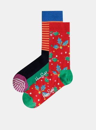 Sada dvoch párov vzorovaných ponožiek v zelenej a červenej farbe v darčekovej krabičke Happy Socks Christmas Cracker