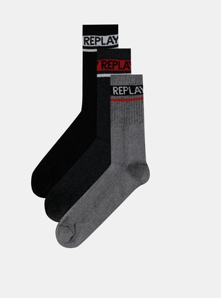 Sada tří párů pánských ponožek v šedé a černé barvě Replay