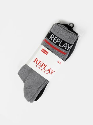Sada tří párů pánských ponožek v šedé a černé barvě Replay