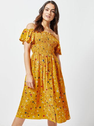 Horčicové kvetované šaty s odhalenými ramenami Dorothy Perkins Petite