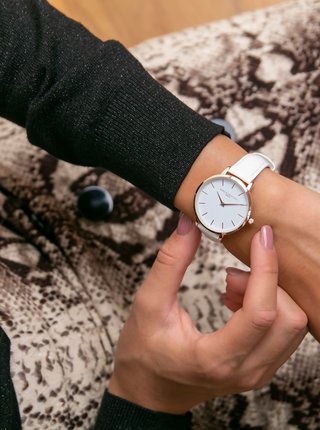 Dámske vzorované hodinky s bielym koženým remienkom Annie Rosewood
