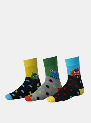 Sada tří párů vzorovaných ponožek v černé a žluté barvě SAM 73