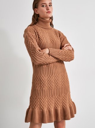 Hnedé svetrové šaty s rolákom Trendyol