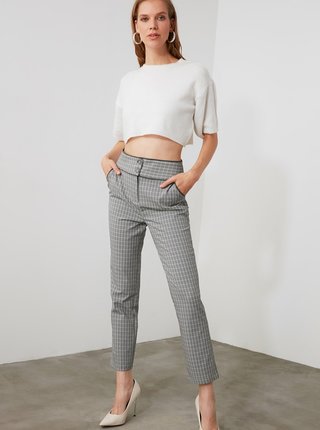 Šedé dámské kostkované zkrácené kalhoty Trendyol