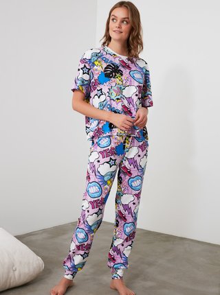 Modro-fialové dámske vzorované pyžamo Trendyol