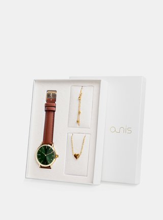 Sada dámského náramku, náhrdelníku a hodinek s hnědým koženým páskem a-nis