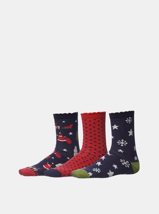 Sada tří párů dámských vánočních ponožek v modré a červené barvě SAM 73 Rudolph