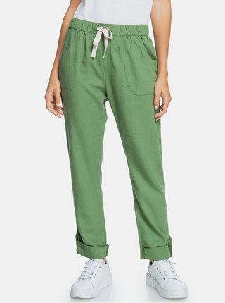Zelené lněné kalhoty s kapsami Roxy