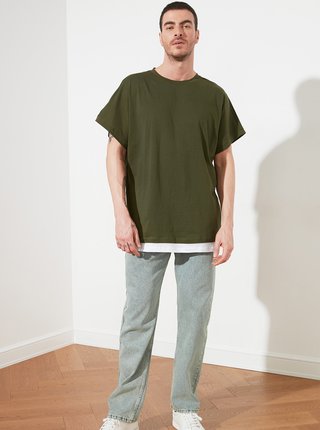 Tmavě zelené pánské volné tričko Trendyol
