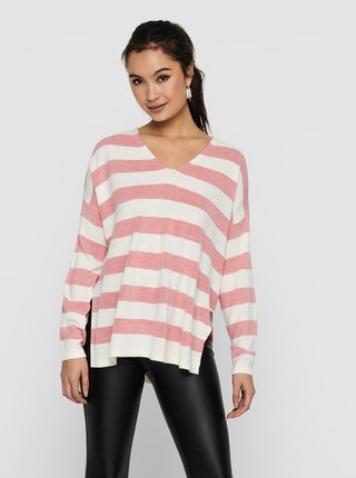 Bielo-ružový pruhovaný sveter s rozparkami ONLY Amalia