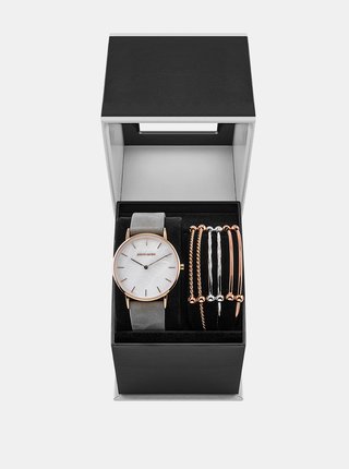 Sada dámskych hodiniek s koženým remienkom a troch náramkov v striebornej  a ružovozlatej farbe Pierre Cardin