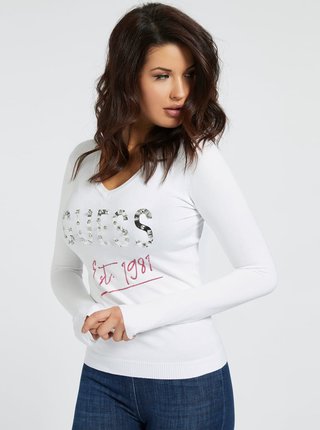 Bílý dámský svetr s nápisem s ozdobnými detaily Guess Logo V Neck