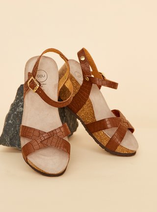 Hnedé dámske kožené vzorované sandálky na plnom podpätku OJJU