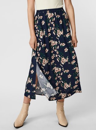 Tmavomodrá kvetovaná maxi sukňa s rozparkom VERO MODA Simply