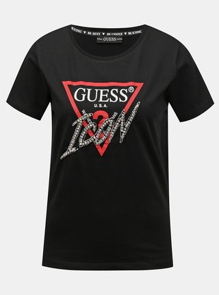 Černé dámské tričko s potiskem s ozdobnými detaily Guess Icon Logo T-shirt